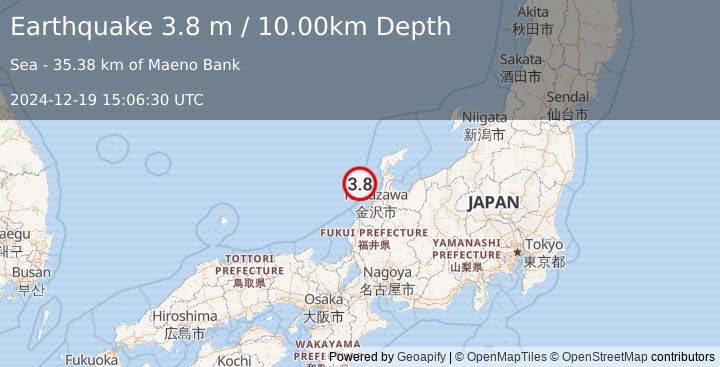 Earthquake NEAR WEST COAST OF HONSHU, JAPAN (3.8 m) (2024-12-19 15:06:30 UTC)