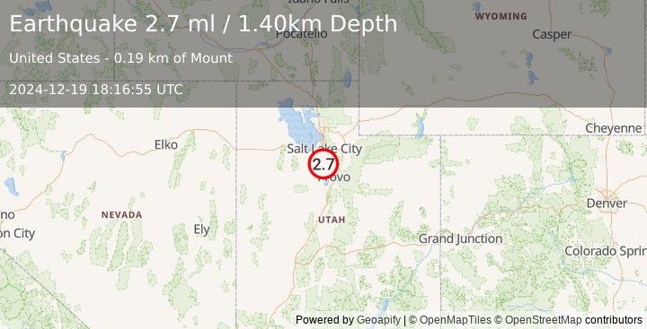 Earthquake WASATCH FRONT URBAN AREA, UTAH (2.7 ml) (2024-12-19 18:16:55 UTC)