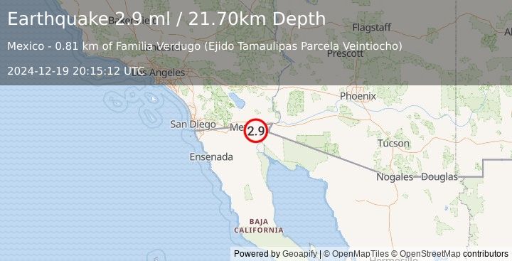 Earthquake BAJA CALIFORNIA, MEXICO (2.8 ml) (2024-12-19 20:15:13 UTC)