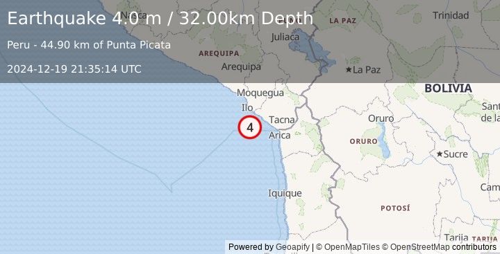 Earthquake OFF COAST OF TARAPACA, CHILE (4.0 m) (2024-12-19 21:35:14 UTC)