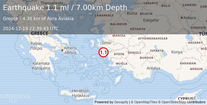 Earthquake DODECANESE ISLANDS, GREECE (1.1 ml) (2024-12-19 22:39:43 UTC)