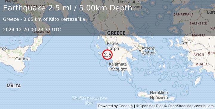 Earthquake SOUTHERN GREECE (2.5 ml) (2024-12-20 00:23:37 UTC)