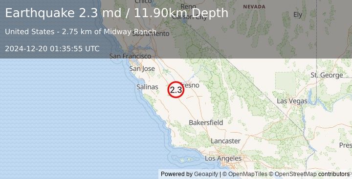 Earthquake CENTRAL CALIFORNIA (2.3 md) (2024-12-20 01:35:55 UTC)