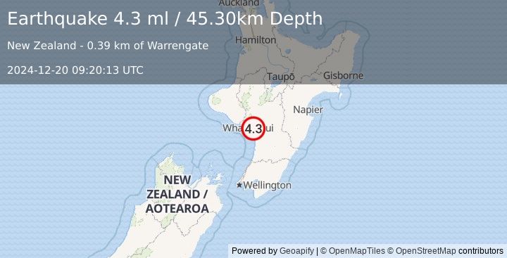 Earthquake NORTH ISLAND OF NEW ZEALAND (4.3 ml) (2024-12-20 09:20:13 UTC)