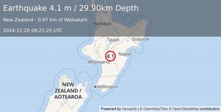 Earthquake NORTH ISLAND OF NEW ZEALAND (4.1 m) (2024-12-20 09:21:25 UTC)