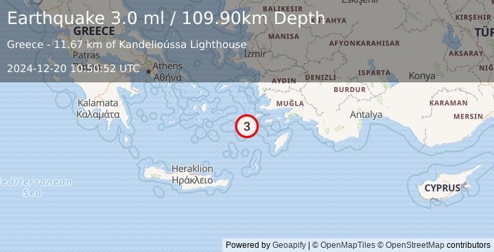 Earthquake DODECANESE ISLANDS, GREECE (3.0 ml) (2024-12-20 10:50:52 UTC)