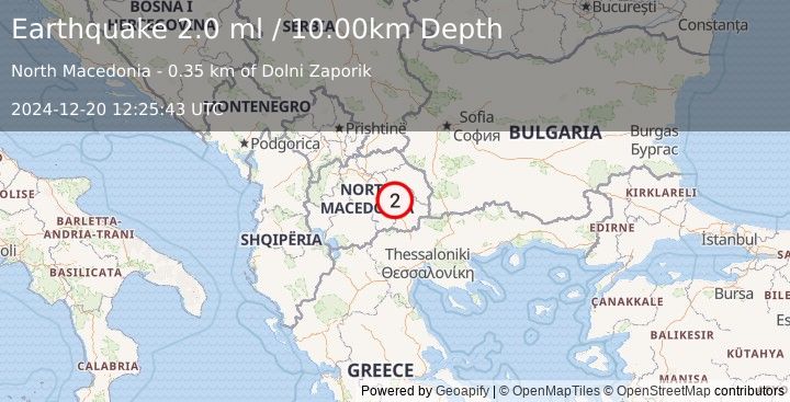 Earthquake REPUBLIC OF NORTH MACEDONIA (2.0 ml) (2024-12-20 12:25:43 UTC)