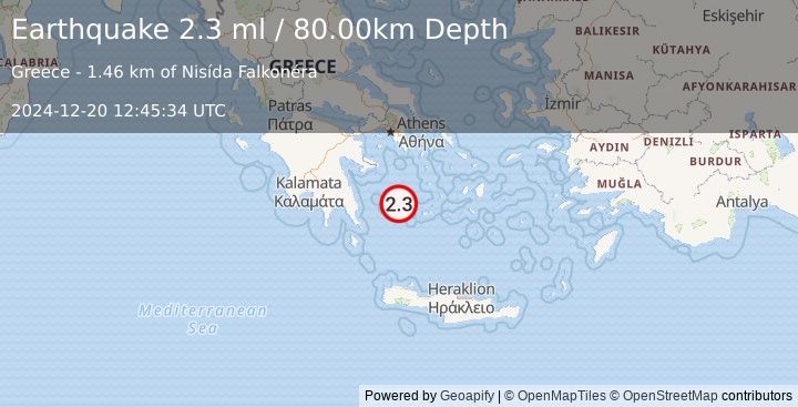 Earthquake SOUTHERN GREECE (2.3 ml) (2024-12-20 12:45:34 UTC)