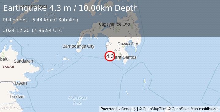 Earthquake MINDANAO, PHILIPPINES (4.3 m) (2024-12-20 14:36:54 UTC)