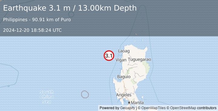 Earthquake PHILIPPINE ISLANDS REGION (3.1 m) (2024-12-20 18:58:24 UTC)