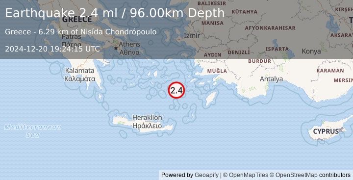 Earthquake DODECANESE ISLANDS, GREECE (2.6 ml) (2024-12-20 19:24:13 UTC)