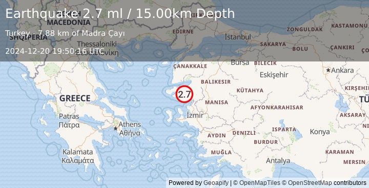 Earthquake NEAR THE COAST OF WESTERN TURKEY (2.8 ml) (2024-12-20 19:50:14 UTC)