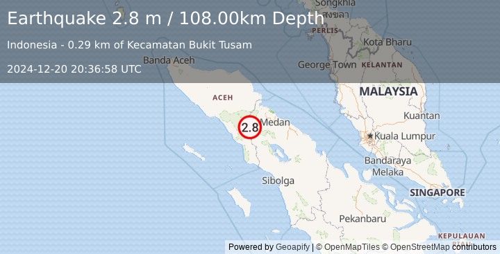 Earthquake NORTHERN SUMATRA, INDONESIA (2.8 m) (2024-12-20 20:36:58 UTC)