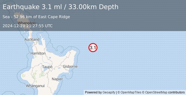 Earthquake OFF E. COAST OF N. ISLAND, N.Z. (3.1 ml) (2024-12-20 21:27:55 UTC)