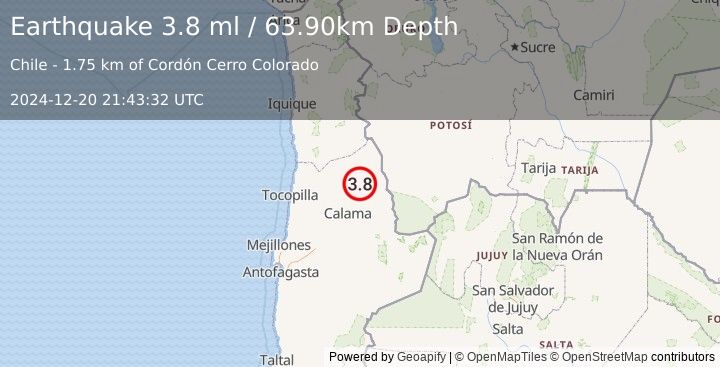 Earthquake ANTOFAGASTA, CHILE (3.7 ml) (2024-12-20 21:43:29 UTC)