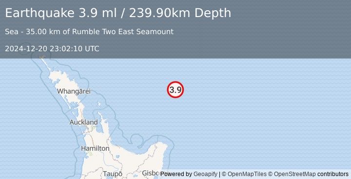 Earthquake OFF E. COAST OF N. ISLAND, N.Z. (3.9 ml) (2024-12-20 23:02:10 UTC)