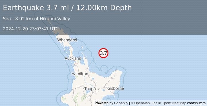 Earthquake OFF E. COAST OF N. ISLAND, N.Z. (3.7 ml) (2024-12-20 23:03:41 UTC)