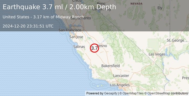 Earthquake CENTRAL CALIFORNIA (3.7 ml) (2024-12-20 23:31:51 UTC)