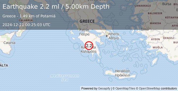 Earthquake SOUTHERN GREECE (2.2 ml) (2024-12-21 00:25:03 UTC)