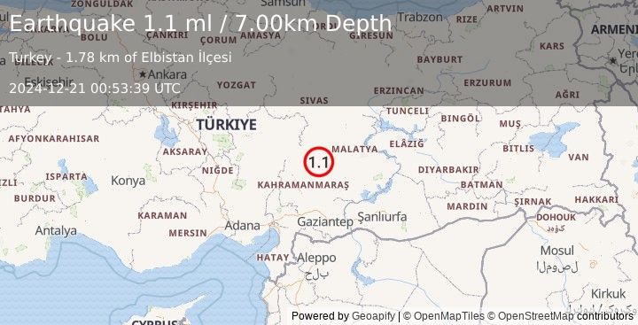 Earthquake CENTRAL TURKEY (1.1 ml) (2024-12-21 00:53:39 UTC)