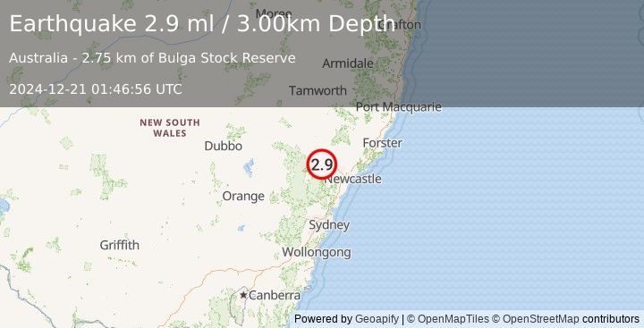 Earthquake NEAR S.E. COAST OF AUSTRALIA (2.9 ml) (2024-12-21 01:46:56 UTC)