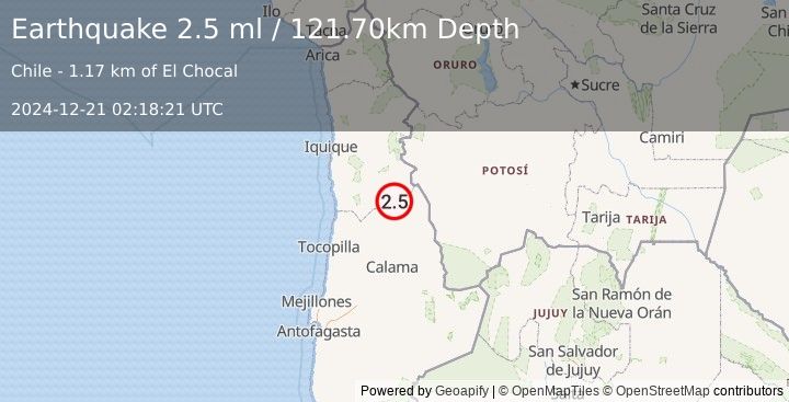 Earthquake TARAPACA, CHILE (2.5 ml) (2024-12-21 02:18:21 UTC)