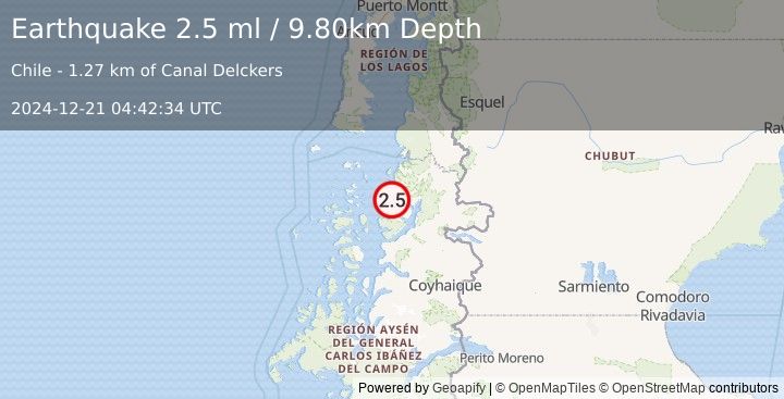 Earthquake NEAR COAST OF AISEN, CHILE (2.5 ml) (2024-12-21 04:42:34 UTC)