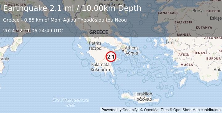 Earthquake SOUTHERN GREECE (2.1 ml) (2024-12-21 06:24:49 UTC)