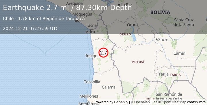 Earthquake TARAPACA, CHILE (2.7 ml) (2024-12-21 07:27:59 UTC)