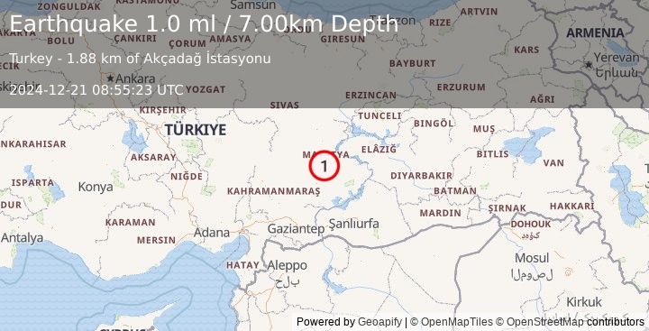 Earthquake EASTERN TURKEY (1.0 ml) (2024-12-21 08:55:23 UTC)