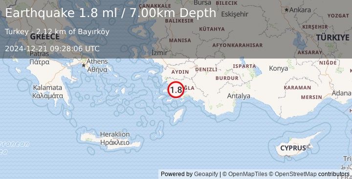 Earthquake WESTERN TURKEY (1.8 ml) (2024-12-21 09:28:06 UTC)