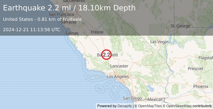 Earthquake BAKERSFIELD URBAN AREA, CALIF. (2.2 ml) (2024-12-21 11:13:56 UTC)