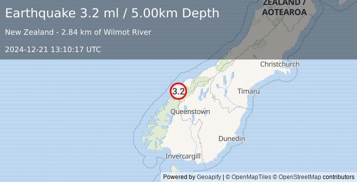 Earthquake SOUTH ISLAND OF NEW ZEALAND (3.2 ml) (2024-12-21 13:10:17 UTC)