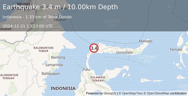 Earthquake MINAHASA, SULAWESI, INDONESIA (3.4 m) (2024-12-21 13:13:00 UTC)