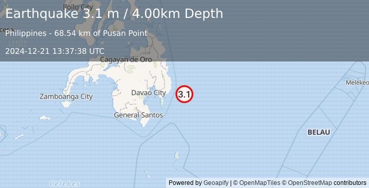 Earthquake PHILIPPINE ISLANDS REGION (3.1 m) (2024-12-21 13:37:38 UTC)