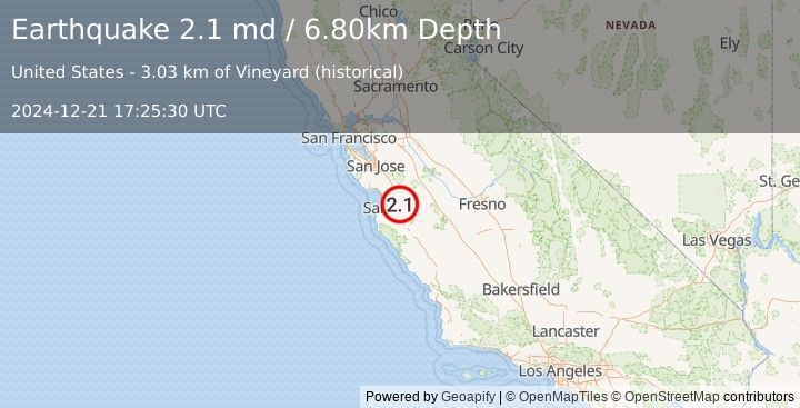 Earthquake CENTRAL CALIFORNIA (2.1 md) (2024-12-21 17:25:30 UTC)