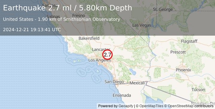 Earthquake SOUTHERN CALIFORNIA (2.7 ml) (2024-12-21 19:13:41 UTC)