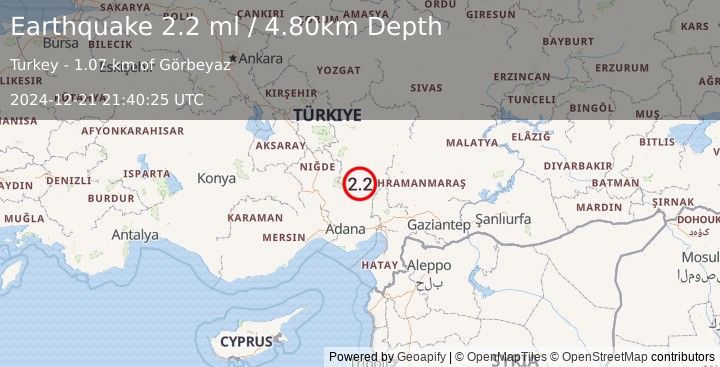 Earthquake CENTRAL TURKEY (2.2 ml) (2024-12-21 21:40:25 UTC)