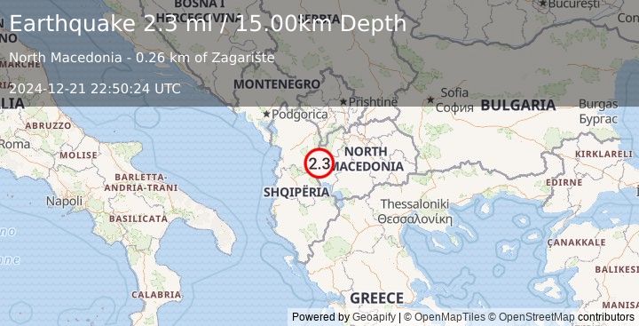 Earthquake REPUBLIC OF NORTH MACEDONIA (2.3 ml) (2024-12-21 22:50:24 UTC)