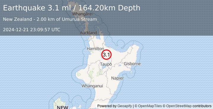 Earthquake NORTH ISLAND OF NEW ZEALAND (3.1 ml) (2024-12-21 23:09:57 UTC)