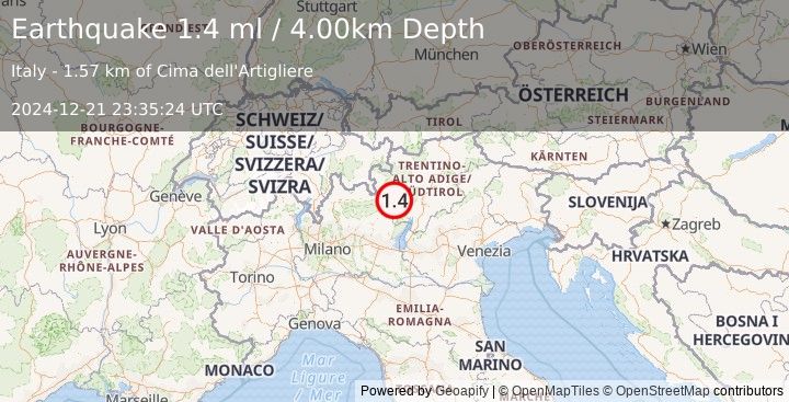 Earthquake NORTHERN ITALY (1.4 ml) (2024-12-21 23:35:24 UTC)