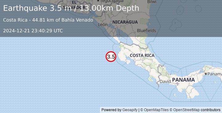 Earthquake OFF COAST OF COSTA RICA (3.5 m) (2024-12-21 23:40:29 UTC)