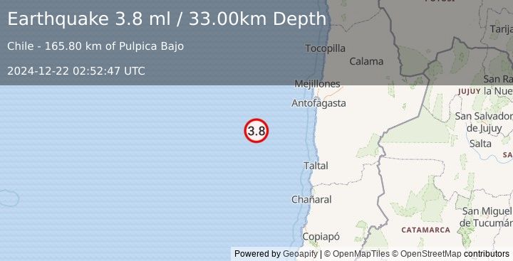 Earthquake OFF COAST OF ANTOFAGASTA, CHILE (3.9 ml) (2024-12-22 02:52:45 UTC)