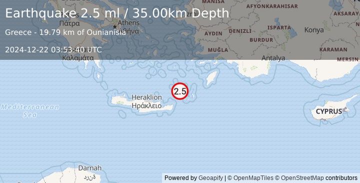 Earthquake CRETE, GREECE (2.5 ml) (2024-12-22 03:53:40 UTC)