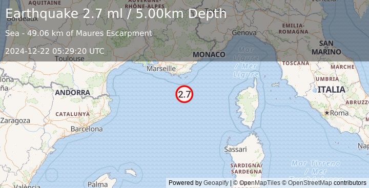 Earthquake WESTERN MEDITERRANEAN SEA (2.7 ml) (2024-12-22 05:29:20 UTC)