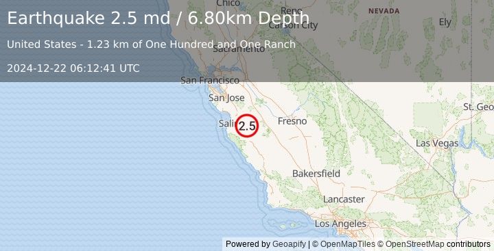 Earthquake CENTRAL CALIFORNIA (2.5 md) (2024-12-22 06:12:41 UTC)