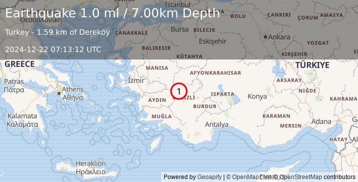 Earthquake WESTERN TURKEY (1.0 ml) (2024-12-22 07:13:12 UTC)