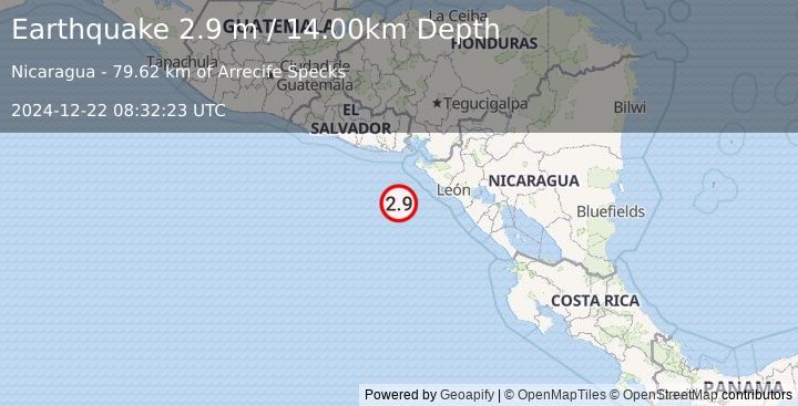 Earthquake NEAR COAST OF NICARAGUA (2.9 m) (2024-12-22 08:32:23 UTC)