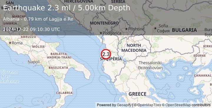 Earthquake ALBANIA (2.0 ml) (2024-12-22 09:10:31 UTC)