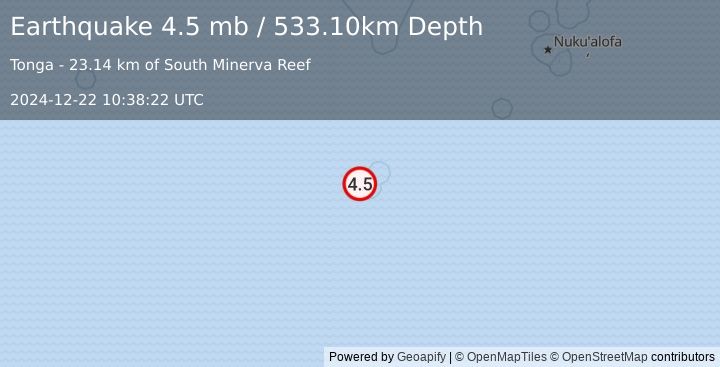 Earthquake SOUTH OF FIJI ISLANDS (4.5 mb) (2024-12-22 10:38:22 UTC)